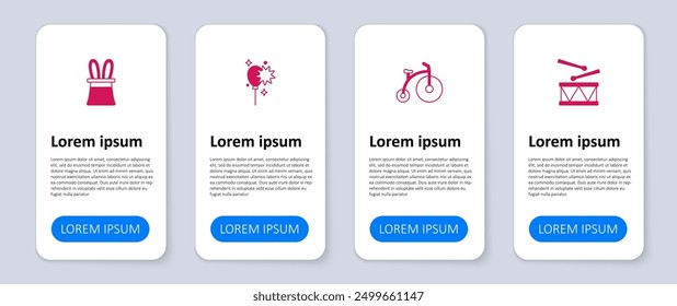 Set Drum with drum sticks, Vintage bicycle, Balloons ribbon and Magician hat and rabbit ears. Business infographic template. Vector