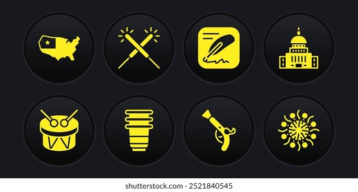 Conjunto de palos de tambor y tambor, Casa Blanca, Vidrio de papel, Pistolas Antiguas, Declaración de independencia, Fuegos artificiales Sparkler, Fuegos artificiales e ícono de mapa de Estados Unidos. Vector