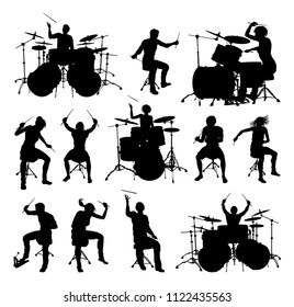 Set drummer and drum kit musician silhouettes