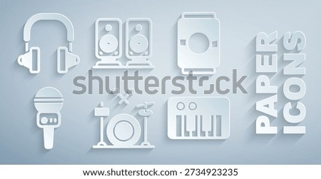 Set Drums, Beer can, Microphone, Music synthesizer, Stereo speaker and Headphones icon. Vector