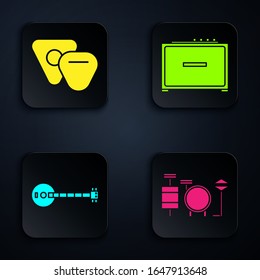 Set Drums, Guitar pick, Banjo and Guitar amplifier. Black square button. Vector