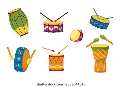 Set of drums for holidays, street parades and carnivals. Collection of percussion musical instruments. Vector illustration.