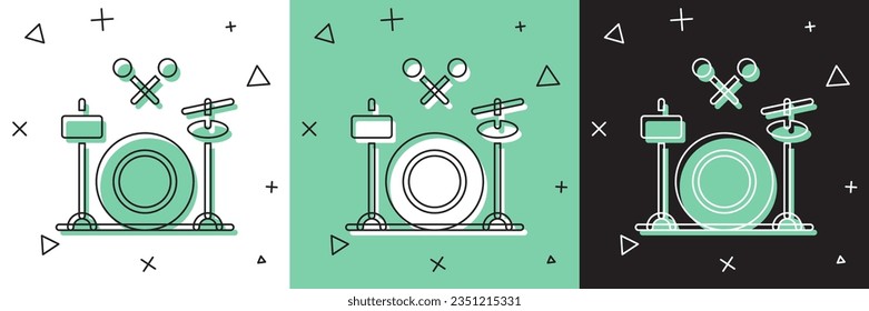 Set Drums Symbol einzeln auf weißem und grünem, schwarzem Hintergrund. Musikzeichen. Symbol für Musikinstrumente.  Vektorgrafik