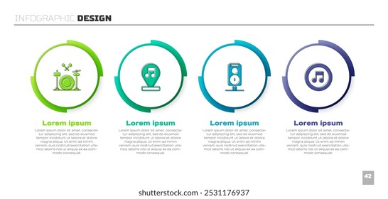 Batería, nota de música, tono, altavoz estéreo y. Plantilla de infografía de negocios. Vector