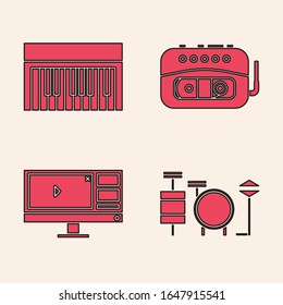 Set Drums, Music synthesizer, Music tape player and Video recorder or editor software on monitor icon. Vector