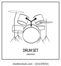 A set of drums. Drums, plates. Icon isolated on white background. Out of line, contours. Banner with frame. Vector illustration