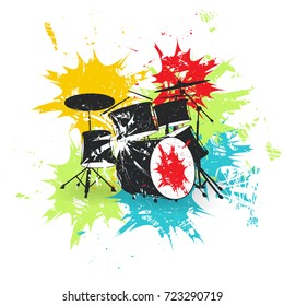 Set of drums. Poster with color spots background . Grunge vector illustration