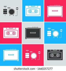 Set Drums, Retro audio cassette tape and Guitar amplifier icon. Vector