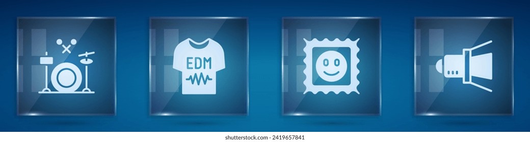 Set Drums, T-shirt, LSD acid mark and Movie spotlight. Square glass panels. Vector