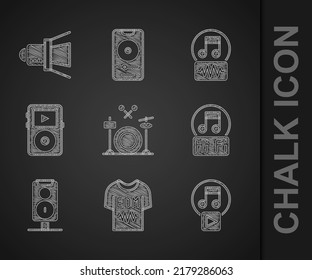 Set Drums, T-shirt, Play in square, Music note, tone, altavoz estéreo, reproductor e icono de la película. Vector