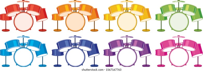 Set of drumsets in different colors illustration