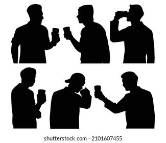 Conjunto de hombres ebrios con vidrio de cerveza en silueta de mano , vector de fiesta.