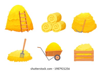 Set of Dry bale of hay with ladder, wooden box, scythe, pitchfork in cartoon style isolated on white background. Roll pile, straw stack. Agriculture harvest, farm work stock vector illustration.