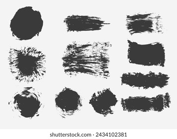 Set von trockenen Pinselstrichen mit kreisförmigen und quadratischen Grunge-Rahmen.