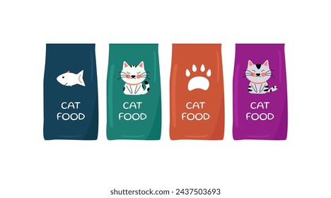 Un juego de comida seca para gatos en paquetes. Azul, verde, naranja, púrpura. Tentempiés y golosinas para mascotas en paquetes. El concepto de una tienda de mascotas, mercancías para animales. Ilustración vectorial eps 10.