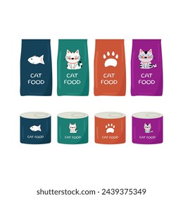 A set of dry cat food in packages, and canned food for cats in jars. Blue, green, orange, purple. Pet food and treats. The concept of a pet store, goods for animals. Vector illustration eps 10.