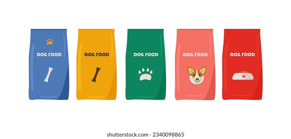 A set of dry dog ​​food in packages. Blue, yellow, green, pink, red. Snacks and treats, for pets, in packages. The concept of a pet store, goods for animals. Vector illustration eps 10.