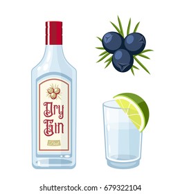 Set of dry gin bottle, tonic cocktail with lime, juniper berries. Vector illustration flat icon isolated on white.