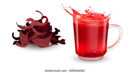 Set de té y taza de hibisco seco con té rojo y salpicaduras. Elementos de diseño vectorial realistas.