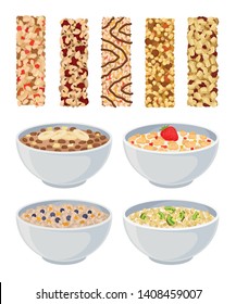 Set of dry muesli and in a bowl. Vector illustration on white background.