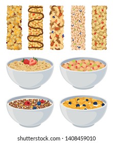 Conjunto de muesli y cereal secos. Ilustración vectorial sobre fondo blanco.