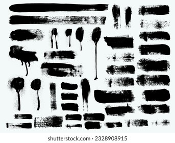 Set of dry paint stains brush stroke. Dirty high detail design elements, labels, logo, boxes, frames for text. Stickers, paintbrush grunge stamp label backgrounds, circle frames. Vector strokes grunge