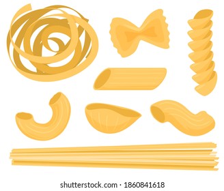 Pasta seca, farfalo, fusilli, conchiglio, rigatoni, spaghetti. Ilustración vectorial aislada