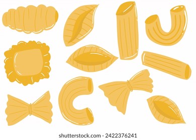 set of dry pasta italian food isolated on white background