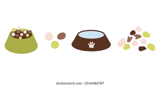 Set of dry pet food on white background, pet bowl, vector illustration