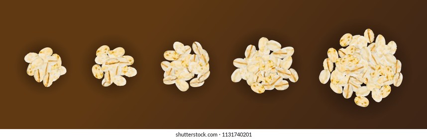 Set of Dry Raw Oat Flakes Isolated on Brown Background. Vector 3d Realistic Illustration of Rolled Flat Grains of Wheat, Bran, Barley, Rye Cereals for Muesli or Granola