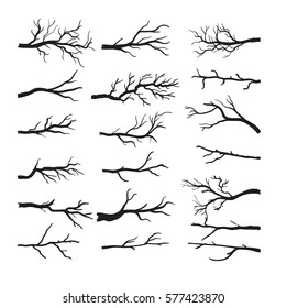 Set of dry tree branch silhouette, isolated on white background