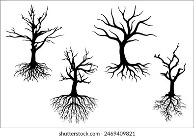 Set of dry trees with roots silhouettes isolated on white background - vector illustration 