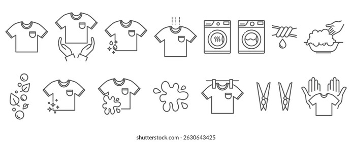 Conjunto de iconos de secadora, lavadora, camisa sucia, etc. Iconos de línea de lencería. Lavandería de autoservicio, lavado de manos, servicio de lavandería, conjunto lineal aislado sobre fondo transparente.