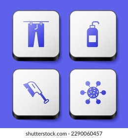 Set Drying clothes, Antibacterial soap, Brush for cleaning and Bacteria icon. White square button. Vector