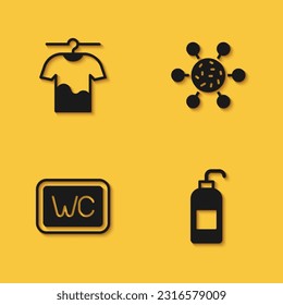 Set Drying clothes, Antibacterial soap, Toilet and Bacteria icon with long shadow. Vector