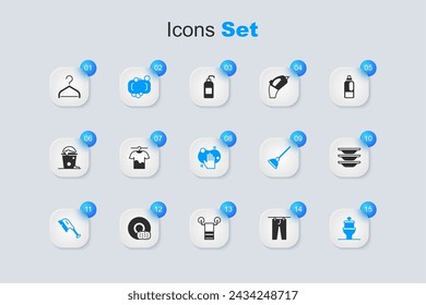 Set Drying clothes, Bar of soap, Brush for cleaning, Toilet bowl, Washing dishes, Hanger wardrobe and Sponge icon. Vector