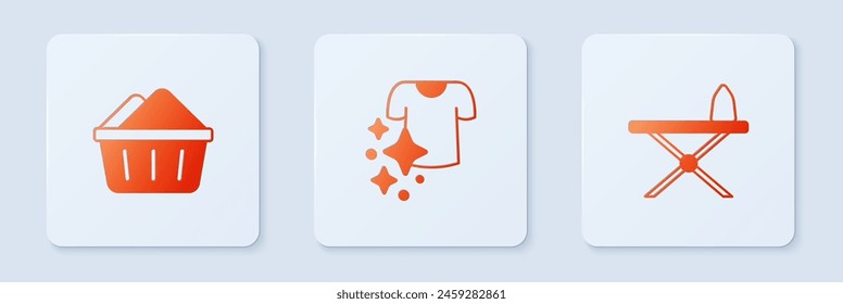 Set Drying clothes, Basin with soap suds and Iron and ironing board. White square button. Vector