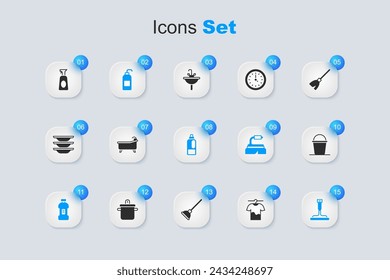 Set Drying clothes, Bathtub, Antibacterial soap, Bottle for detergent, Rubber cleaner windows, Bucket, Cleaning spray with and  icon. Vector