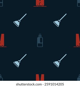 Set Drying clothes, Bottle for detergent and Rubber plunger on seamless pattern. Vector