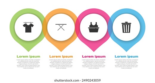 Set Drying clothes, Ironing board, Basin with shirt and Trash can. Business infographic template. Vector