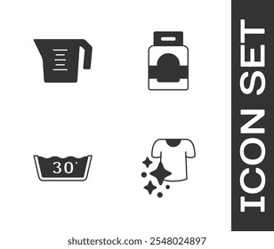 Set Drying clothes, Measuring cup, Temperature wash and Laundry detergent icon. Vector