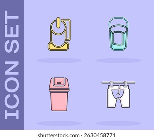 Set Drying clothes, Toilet paper roll, Trash can and Bucket with rag icon. Vector