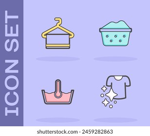 Set Drying clothes, Towel on hanger, Temperature wash and Basin with soap suds icon. Vector
