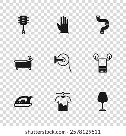 Set Drying clothes, Towel on hanger, Wine glass, Toilet paper roll, Industry metallic pipe, brush, Rubber gloves and Bathtub icon. Vector