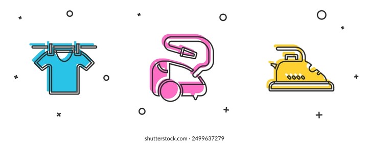 Set Drying clothes, Vacuum cleaner and Electric iron icon. Vector