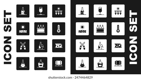 Set Drying grapes, Bottles of wine box, Drought, Meteorology thermometer, Wine glass, Cheese and Gardening scissors icon. Vector