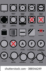 set of drying instruction symbols (dry, dry clean, tumble dry, gentle, drip, wring) explained. flat vector illustration