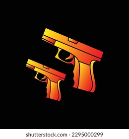 Satz mit zwei Pistolen, Vektorgrafik einzeln auf schwarzem Hintergrund. Waffe, Pistole, Dualpistole, Doppelpistole, Handgewehr, Kriminalität, Krieg, Polizei, Armee, Feuerwehrmann, Aufkleber, Clipkunst, Logo, Symbol, Vektorgrafik
