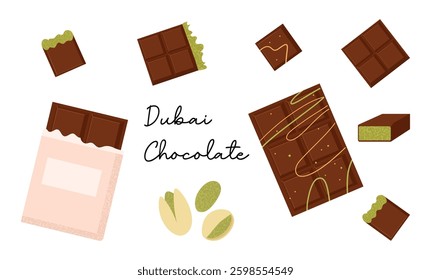 Set of Dubai chocolate bars. Vector illustration chocolate bars with green pistachio pasta, on white background.
