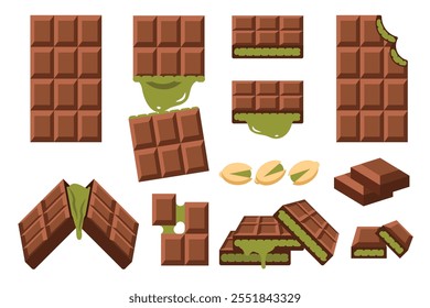 Set of Dubai Chocolate, Green Kunafa and pistachio stuffed inside a chocolate bar, broken pieces of Chocolate isolated set collection, simple flat vector illustration.